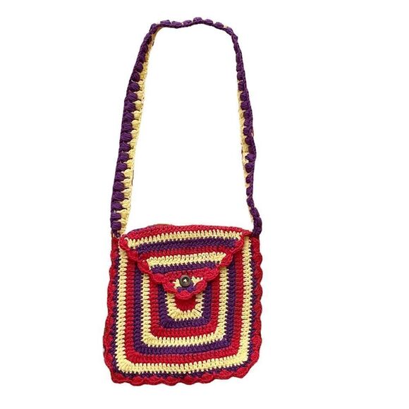 Hand Crafted Granny Square Kids Purse Red Yellow Wood Button Closer Kidcore - Picture 1 of 10